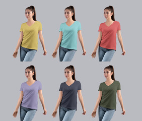 Mockup of a colorful t-shirt with a v-neck on a girl in jeans, front view, isolated on a background. Set
