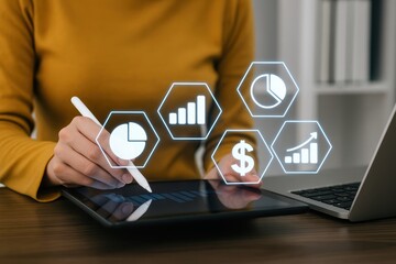 Person using a digital tablet with overlaid financial data visualizations.