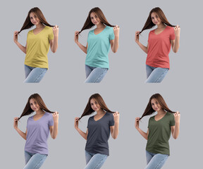 Mockup of a bright v-neck t-shirt on a girl in blue jeans, front view, isolated on background. Set