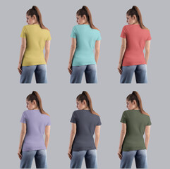 Template of a bright t-shirt on a girl in blue jeans, back view, for design, branding, advertising Set