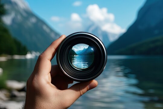A hand holds a camera lens, framing a lake and mountains