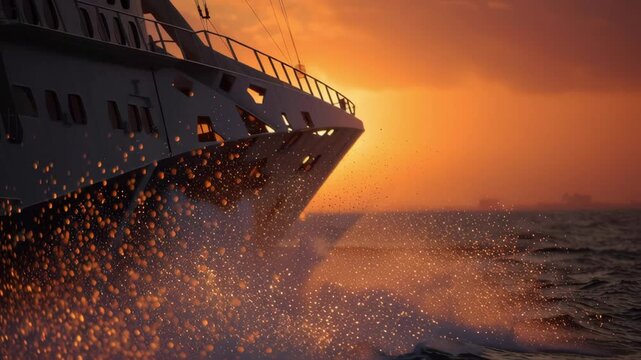 A closeup shot of the catamaran ferrys bow cutting through the waves droplets of water cascading off the hull in a dramatic display. The sun sets in the background casting an orange