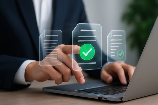 Hands interacting with digital documents on a laptop.