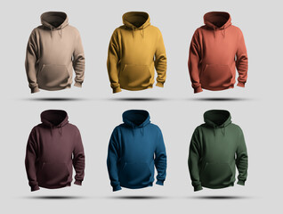 Mockup of bright men's hoodies oversized 3D rendering, front view, isolated on background, set
