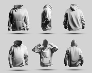 White male hoodie mockup 3D rendering, front, back, side view, isolated on background, set