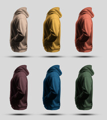 Template of bright oversized hoodies 3D rendering, men's clothing with pocket, side view, for design, print, pattern, branding.