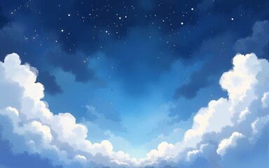 Whimsical watercolor background illustration clouds night sky. High quality