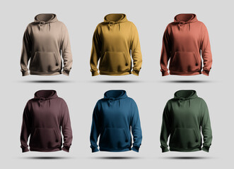 Mockup of colored men's hoodies oversized 3D rendering, front view, isolated on background., set