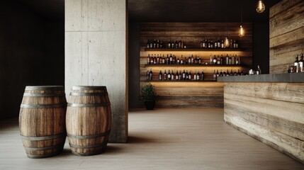 An elegant modern bar interior featuring warm wooden accents and stylish shelves displaying a variety of bottles, providing a sophisticated atmosphere for relaxation and socializing.