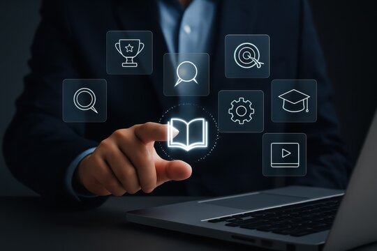 A person interacts with a collection of digital icons.