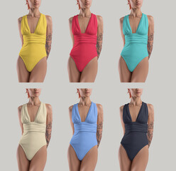 Template of a colorful monokini on a red-haired girl with a tattoo, front view, isolated on the...