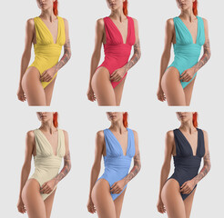 Template of a colorful monokini on a red-haired girl with a tattoo, side view, isolated on the...