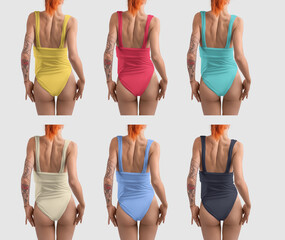 Template of colorful monokini one piece on red-haired girl with tattoo, back view, isolated on...