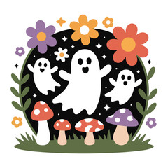 Obraz premium Harvest Ghost Friends illustration - Fall Autumn Clipart, Retro Boho Autumn design sublimation, Happy Fall season vibes 