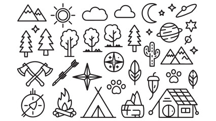 Nature Icons Set Camping, Hiking, and Outdoor Adventure Line Art Graphics