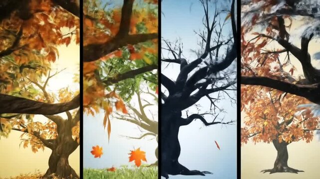 Four seasons represented by a single tree in changing seasonal backgrounds, seamless looping 4k time-lapse animation video background