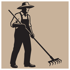 Silhouette illustration of a farmer raking on a farm with a broad brimmed hat