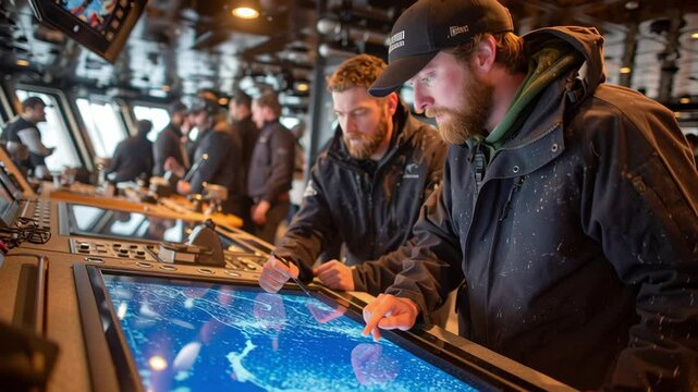 Crew members engaged in the operation of an interactive touchscreen interface analyzing oceanographic data while coordinating mission protocols representing the human element in maritime
