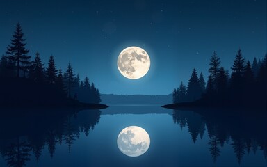 Serene Moonlit Lake and Forest - Peaceful night scene of a lake reflecting a full moon and silhouetted trees under a starry sky. Perfect for relaxation and nature themes. High quality