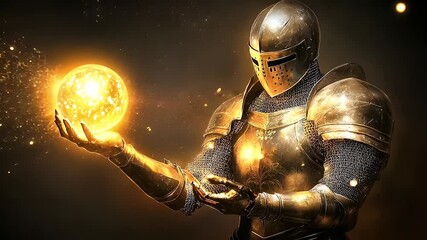 Golden Knight in Shining Armor Holding a Glowing Sphere Against Dark Background - Powered by Adobe