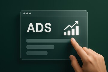 Hand pointing at a graphic of increasing advertising statistics on a digital interface.
