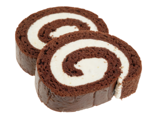 Delicious Chocolate Swiss Roll Cake Slices a tempting dessert with creamy filling perfect for culinary blogs and food websites, transparent background