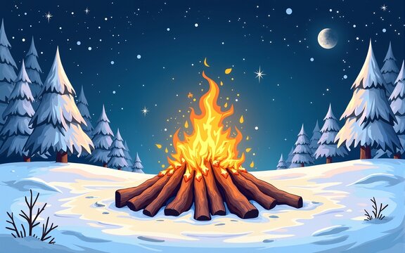 Intriguing bonfire crackling in a snowy landscape under a starry night sky evoking warmth and adventure for winter themed coloring experiences. High quality