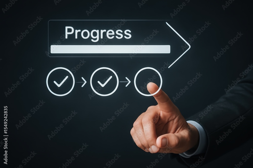 Poster a hand interacts with a progress indicator.