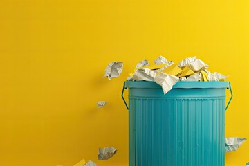 Vibrant Image of Garbage Can with Paper on a Yellow Background Garbage Recycling Banner