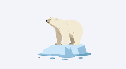 Flat minimalist vector of a polar bear standing on a melting ice cube, symbolizing global warming, isolated on white.