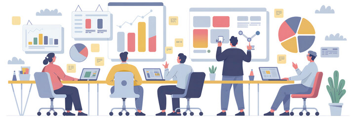 Businesspeople analyzing charts and graphs in an office, illustrating teamwork and success