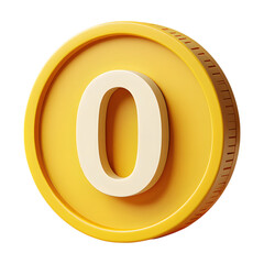 Zero coin image: gold coin, number 0, currency on transparent background