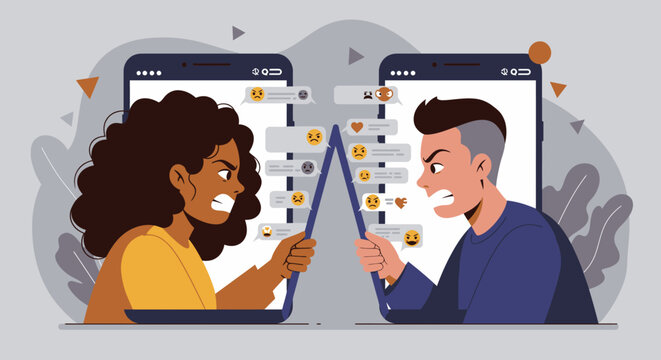 Flat minimalist illustration of two people arguing online hate speech concept.