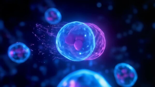 Microbiology cell division, Microscopic view of glowing blue and purple cells interacting, showing biological communication and molecular connection.
