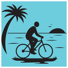 Fototapeta premium Silhouette of a cyclist riding along the coastline at sunset with palm tree and birds