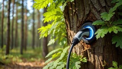 Naklejka premium Electric Vehicle Charging Connector Plugged in Tree Trunk Amid Sun Dappled Forest