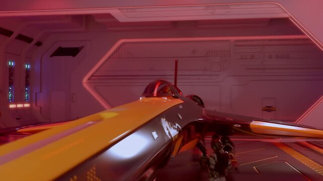 Armed personnel and technicians prepare the high-tech spacecraft for launch inside a brightly illuminated, sci-fi styled facility.