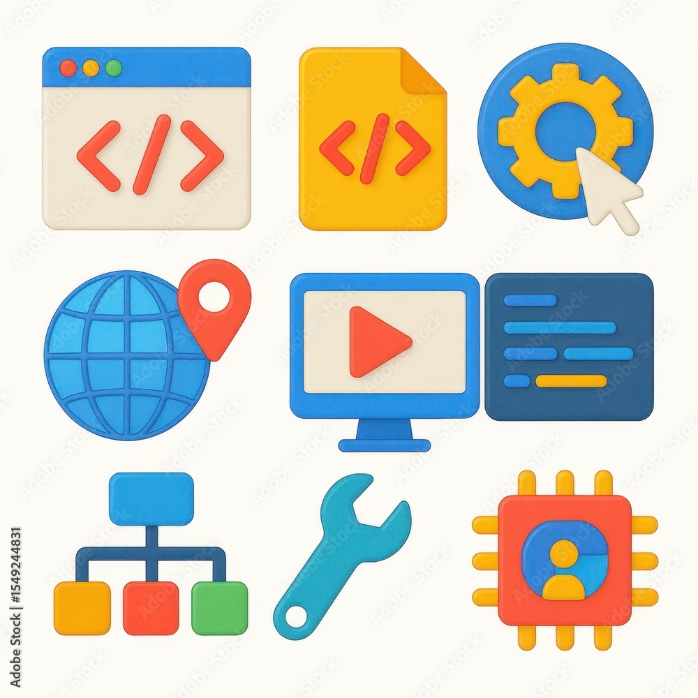Poster collection of colorful, 3d icons representing various technology concepts.