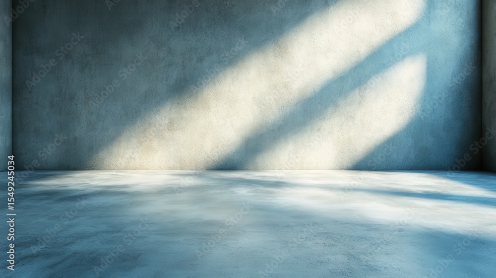 Poster an empty room with a textured concrete wall, illuminated by dynamic shadows from sunlight filtering 