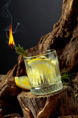 Cocktail gin and tonic with lemon slices and sprig of rosemary.