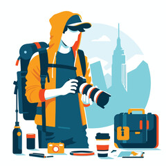 image of a photographer holding a DSLR camera on the street with a simple and minimalist flat design using a white background