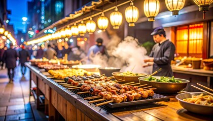 Fototapeta premium Traditional japanese street food stall at night, yakitori skewers, glowing lanterns as background, urban osaka alleyway