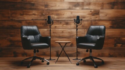 An inviting podcast studio featuring two modern chairs and microphones set on a rustic wooden table, perfect for discussions, interviews, and capturing engaging conversations.