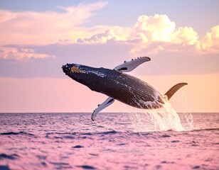 Obraz premium Pixel Whale Leaping Over Pink Ocean at Sunset.
