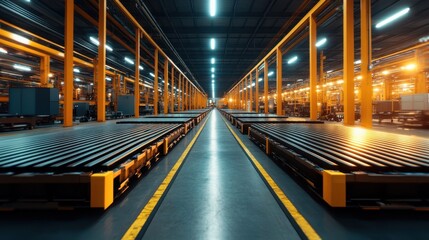 Fototapeta premium A spacious industrial warehouse with illuminated aisles filled with pallets, showcasing modern logistics and storage solutions in an organized environment.