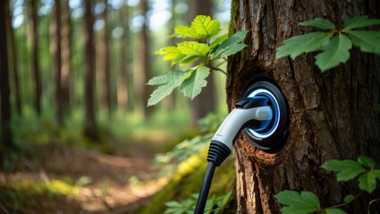 Electric Vehicle Connector Plugged into Sustainable Tree Trunk Charging Port in Forest