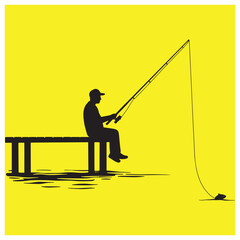 Naklejka premium Silhouette of a fisherman sitting on a dock fishing against a bright yellow background