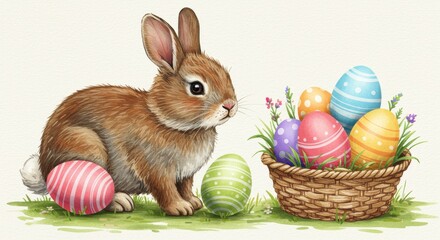 Easter Bunny and Colorful Eggs - Adorable bunny with a basket of colorful Easter eggs, symbolizing spring, new beginnings, hope, fertility, and celebration