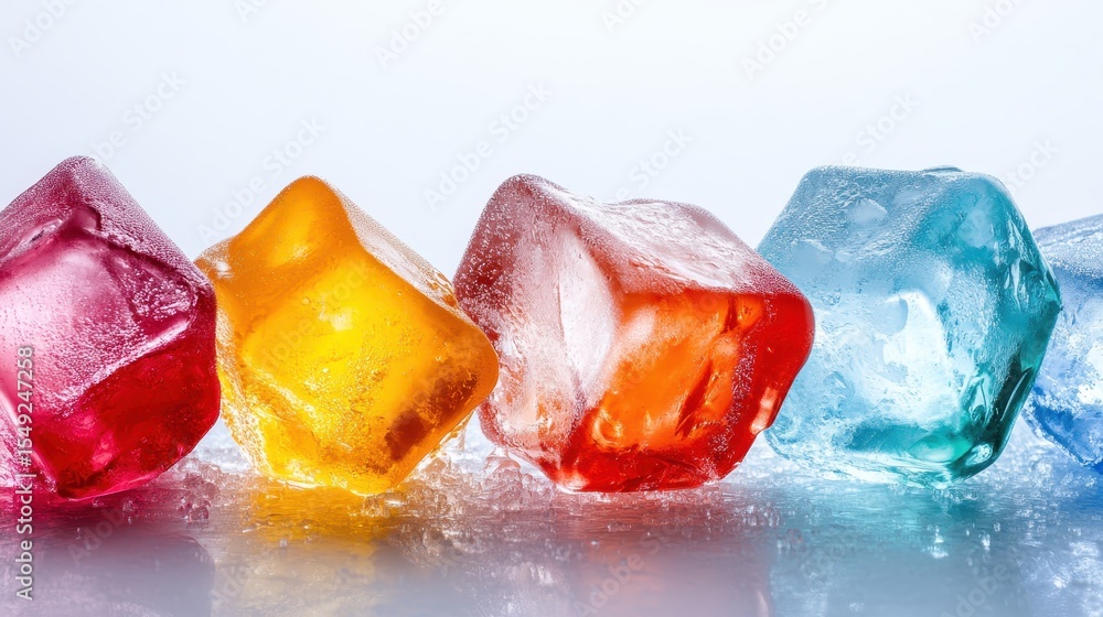 Poster a vibrant array of ice cubes in varying colors contrasts against a soft background, showcasing the b