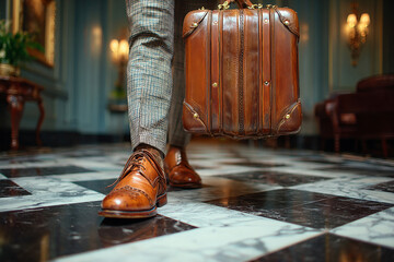 Legs of an elegant male wearing vintage shoes and use a vintage case
